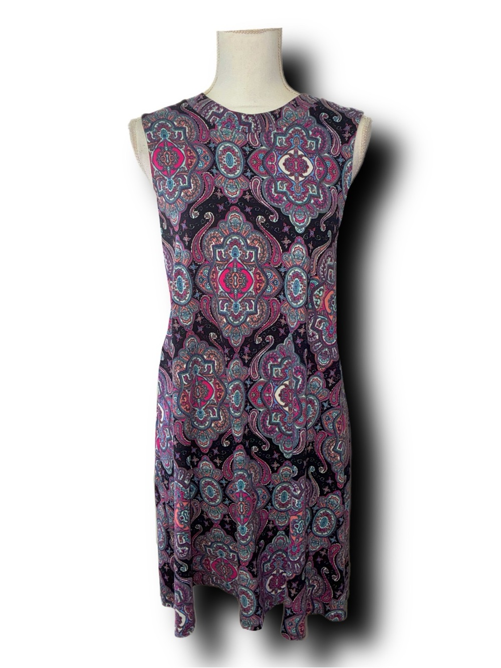 Pink Rose Paisley Print Swing Tank Dress Retro Boho Hippie Vibes